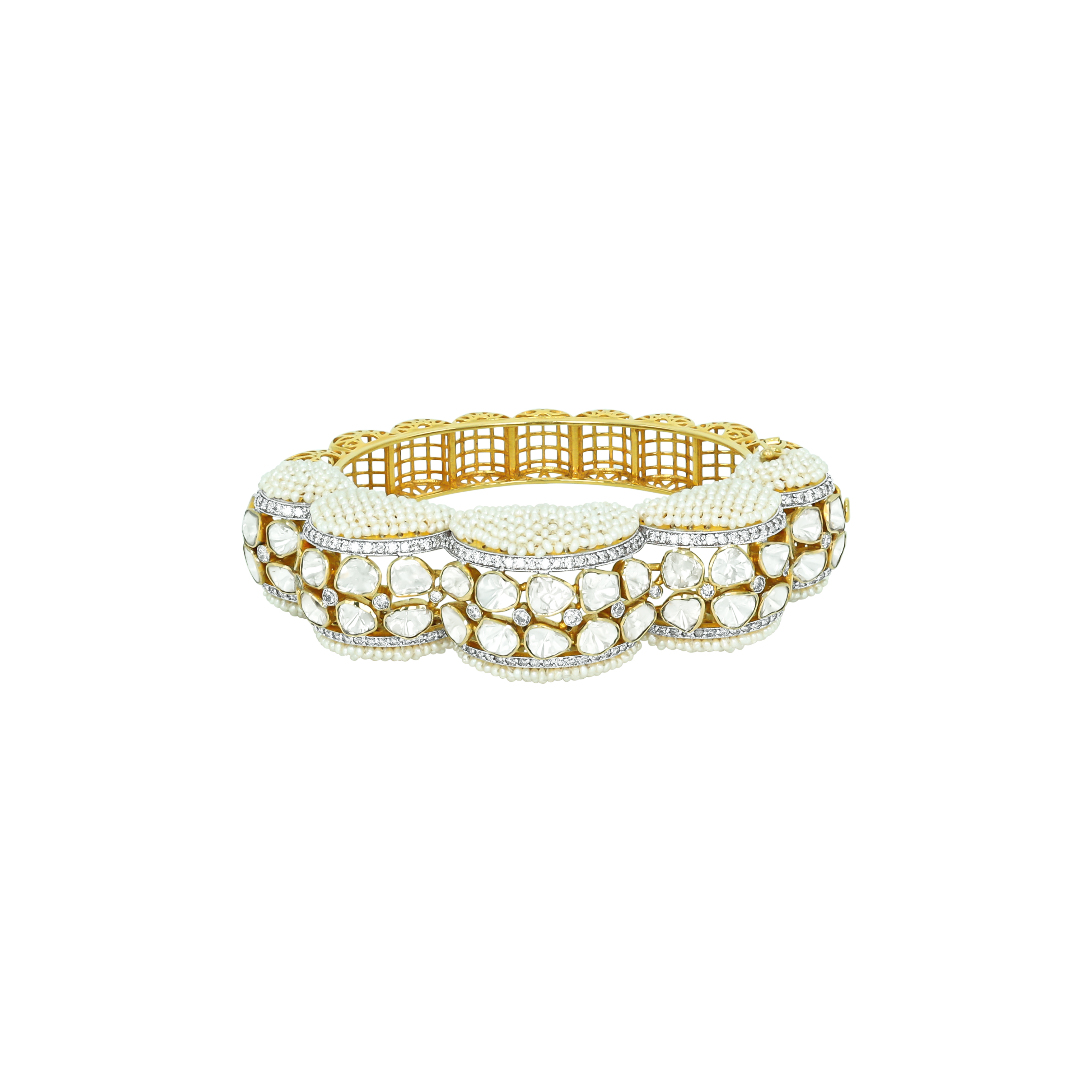 Open-Set Polki Bangle with Full-Cut Diamonds and Pearls